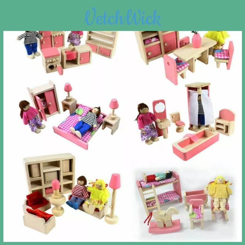Adorable Wooden Dollhouse Furniture Set For Kids Featuring Colorful Bedroom Kitchen And Living Room Accessories