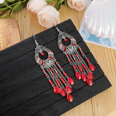 1 Pair Ethnic Style Retro Pattern Drop Earrings Rhinestone Bohemian Hollow