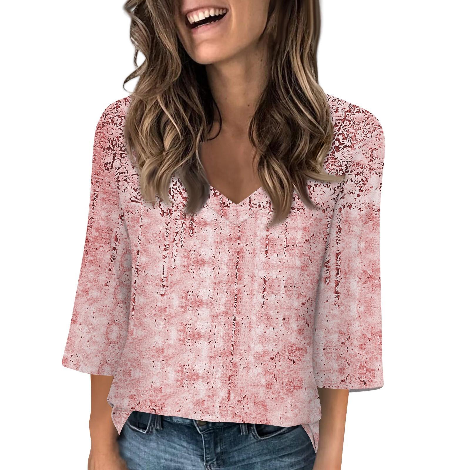 

Рубашки с рукавом 3/4 для женщин, свободная футболка с принтом, топы с v-образным вырезом и рюшами, футболка, топ M розовый