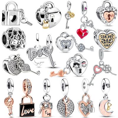 Argint Sterling 925 Cupru Inimă Iubire Lacăt Cheie Charm Atârnat Stil Mărgele DIY Se Potrivește Brățară Charmuri Pantaro Originale Zirconiu Fin