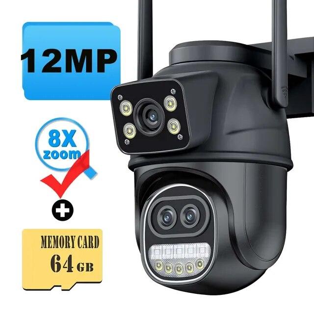 2025 New 12MP 6K WiFi IP Camera Outdoor Three Lens Dual Screens 8X Zoom CCTV PTZ Video Cam Auto Tracking Security Protection Surveillance