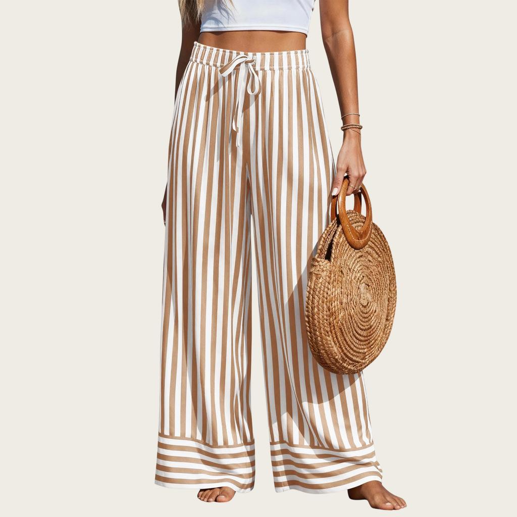 Pantaloni Larghi Estivi a Righe da Donna Vita Elastica Pantaloni Casual con Tasche Leggeri Vestibilità Larga Pantaloni da Spiaggia