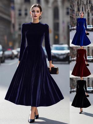 Rochie de catifea uni, cu croială slim fit și mâneci lungi, pentru primăvara 2026, pentru femei