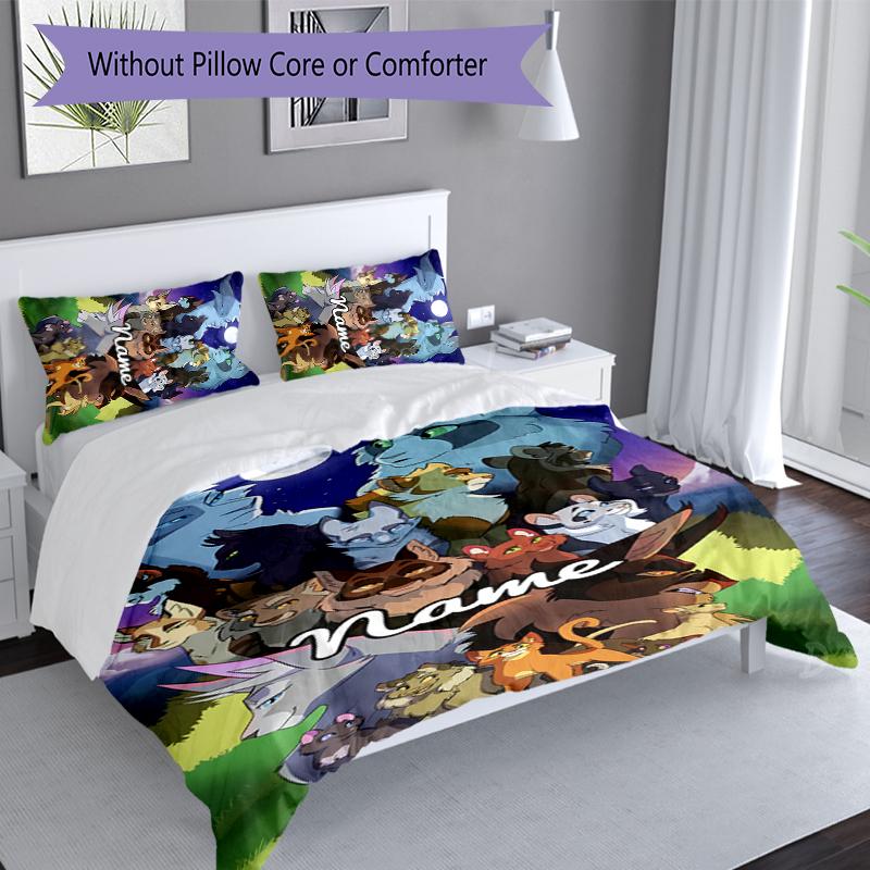 3pcs Custom Name Warriors Cats Bedding Set,Includes 1 Duvet Cover and 2 Pillowcases,All-season Bedroom Decor