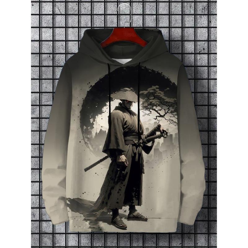 

Мужская толстовка с капюшоном Samurai Print Y2k, толстовка Harajuku с капюшоном, повседневный свободный спортивный топ с длинным рукавом, мужская одежда XL