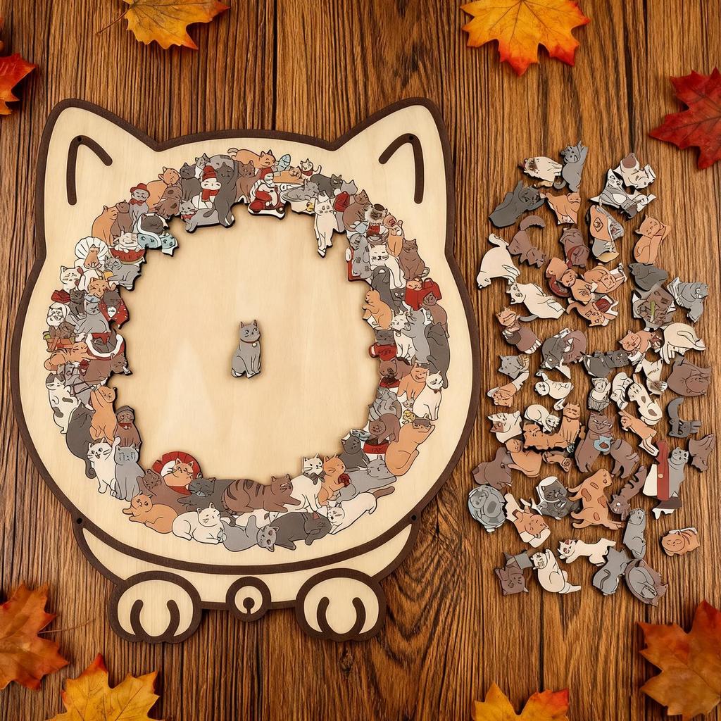 135pcs Cat-shaped Wooden Jigsaw Puzzle Unique Irregular Puzzle Pieces Game Birthday Xmas Gifts for Cat Lovers Home Decorations