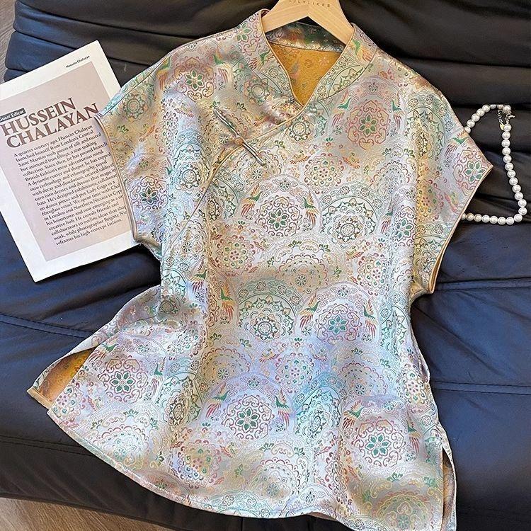 

2025 лето повседневная женская рубашка с воротником-стойкой, свободного кроя, в стиле ретро, жаккардовая, верхняя одежда, тонкая рубашка M [Recommended within 50kg]