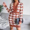 Autumn Winter Women Houndstooth Knitted Dress V Neck Long Sleeve High Waist Pack Sizes S To L