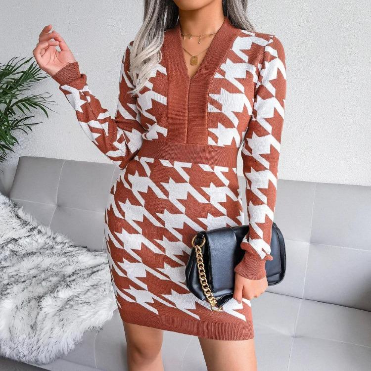 Autumn Winter Women Houndstooth Knitted Dress V Neck Long Sleeve High Waist Pack Sizes S To L
