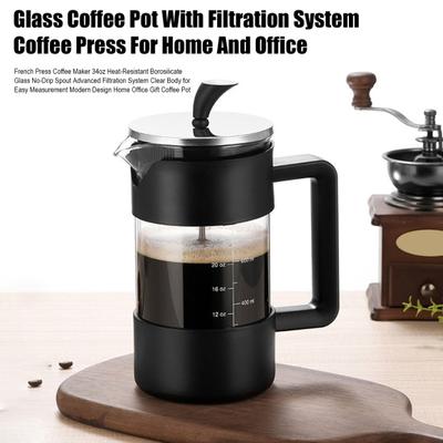 1000ml French Press Coffee Maker 34oz Heat-Resistant Borosilicate Glass No-Drip Spout Advanced Filtration System Coffee Press Kettle