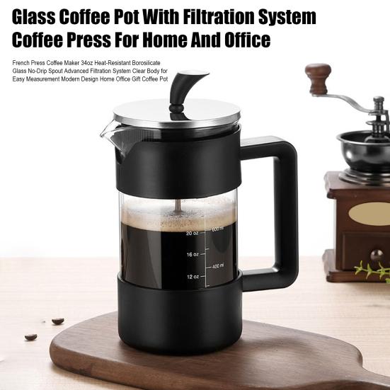 1000ml French Press Coffee Maker 34oz Heat-Resistant Borosilicate Glass No-Drip Spout Advanced Filtration System