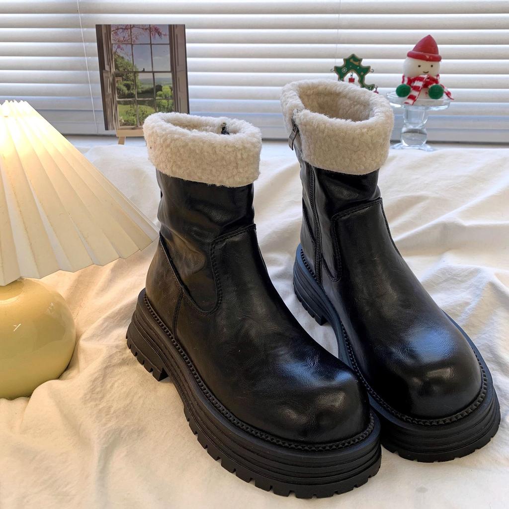 Cowhide Version Thick-soled Velvet Martin Boots Women's Winter New Retro Warm Fluffy Short Boots Non-slip Snow Boots