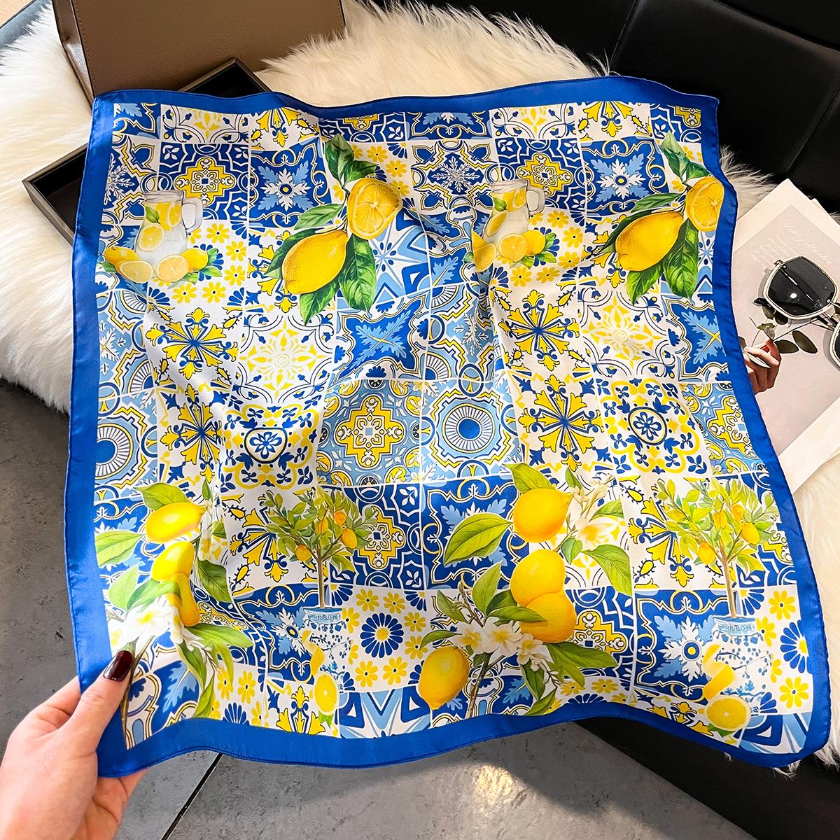 Mode Print Zijden Haarbanden Zomer Citroen Sjaal Dames Nieuw Elegante Bandana Nekdoek Hoofdbanden Foulard Dames Sjaals blauw