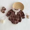 Autumn Retro Plaid Romper with Lace Collar for Baby Girls, Outdoor Crawling Suit