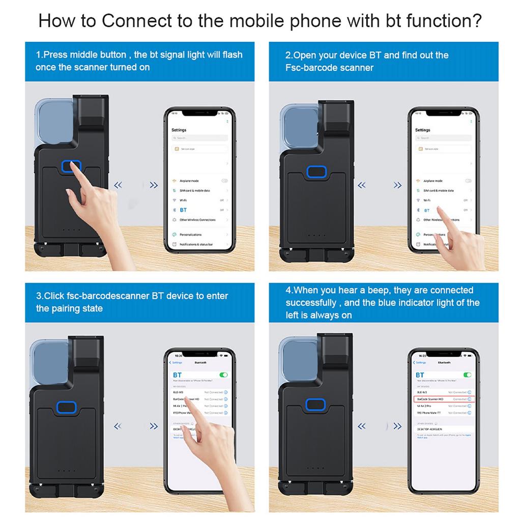 Barcode Scanner Portable Back Clip Bar Reader BT+2.4G Wireless and Wired Connection with Offline Storage Support for