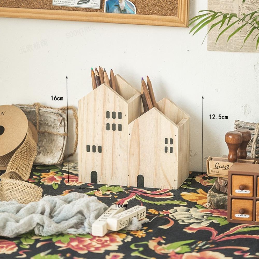 

2PCS/Set High Quality Wood Pen Holder House-Shape Stationery Storage Box Makeup Brush Organizer Stationery Rack Students