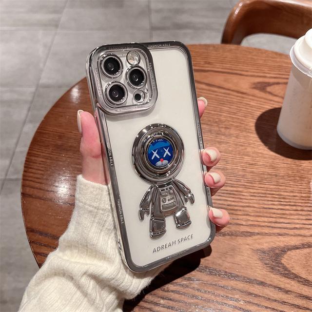 Galvanisierte Astronauten-Ringhalter-Hülle für iPhone 11 12 13 Pro Max X Xr Xs Max Linsenschutz Silikonbeschichtung