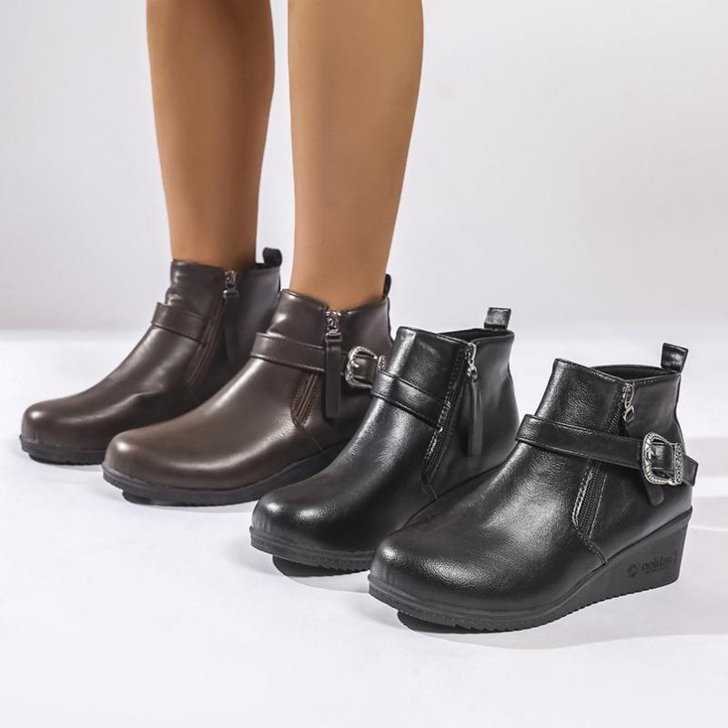 Außenhandel Herbst neue runde Zehen Keilabsatz seitlicher Reißverschluss kurze Lederstiefel Damen grenzüberschreitend große Größe Gürtelschnalle runde Zehen und Stiefeletten