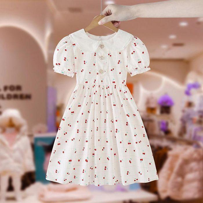 Girls Summer Cherry Print Peter Pan Collar Puff Sleeve Princess Dress 120