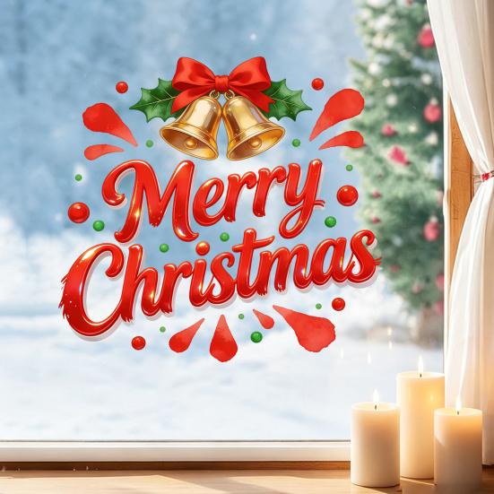 Festive Mirror Decorations Merry Christmas Static Glass Sticker, Window Decals with Bell Wall Stickers Elements, Removable Clings for Home Store
