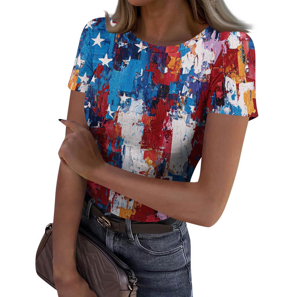 Women's Casual Fashion Round Neck Independence Day Print Short-Sleeve Ribbed Top