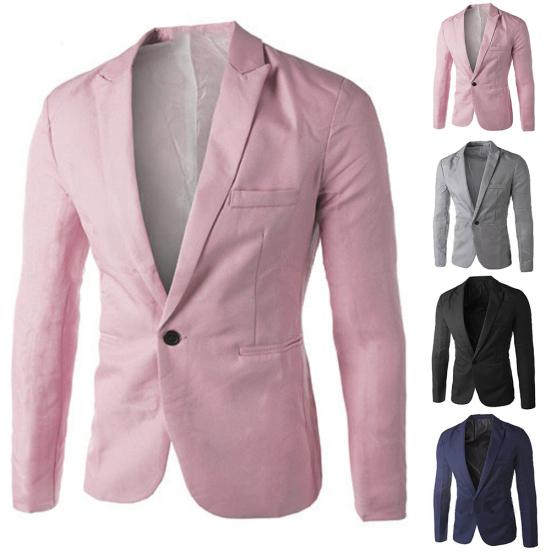 Men Solid Color Long Sleeve Lapel One Button Pocket Blazer Slim Fit Suit Coat