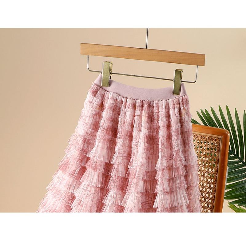 DIMANAF 2025 Summer Women Skirts Vintage Elastic Pleated Elegant Long Skirts New Lace Blue High Waist