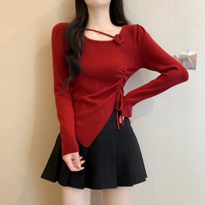 women floral applique ruched knit top square neck long sleeve form fitting casual solid color asymmetrical hem blouse