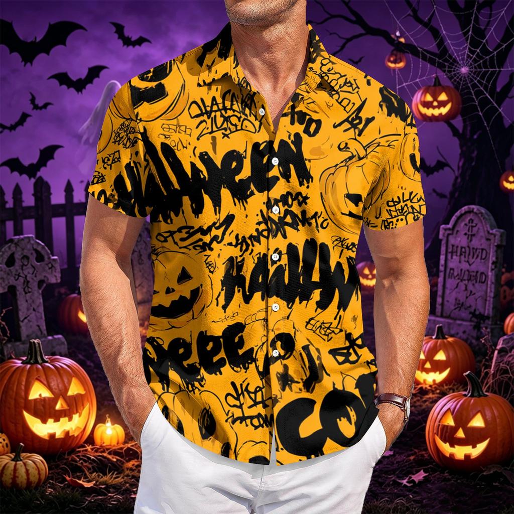 Men's Casual Short Sleeve Shirt Button Down Lightweight Breathable Fabric Halloween Bat Print Shirt for Summer Beach Party