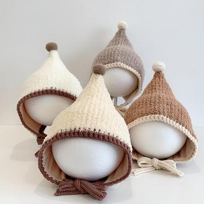 Cute Plush Knitted Baby Earmuff Beanie Infant Boy Girl Winter Warm Hat Solid Color Small Ball Toddler Kids Ear Protection Cap