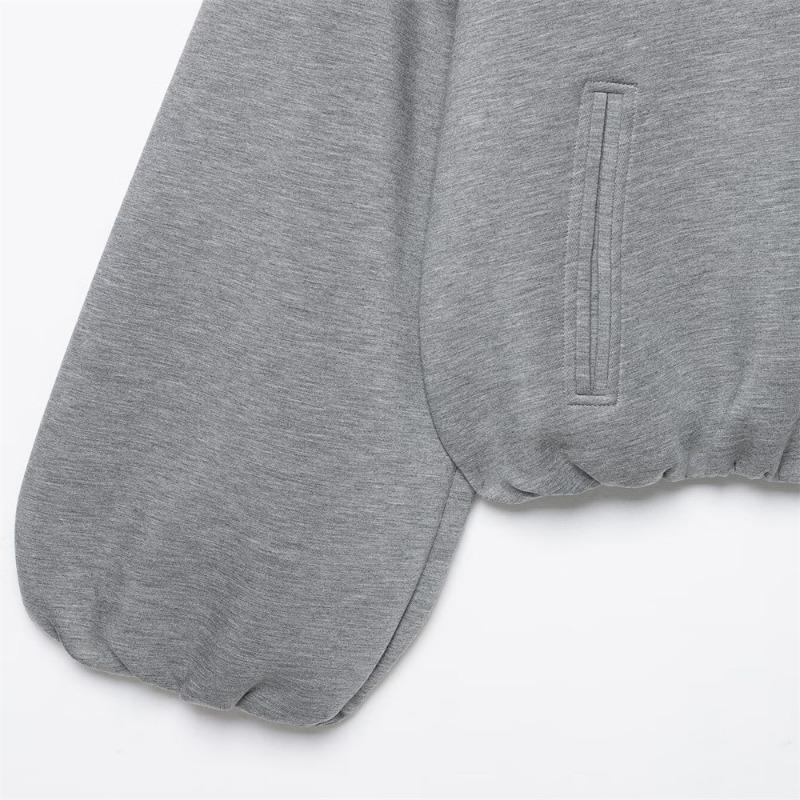 Women Hooded Zip Up Light Gray Sweatshirt Jacket Lantern Sleeve Short Length
