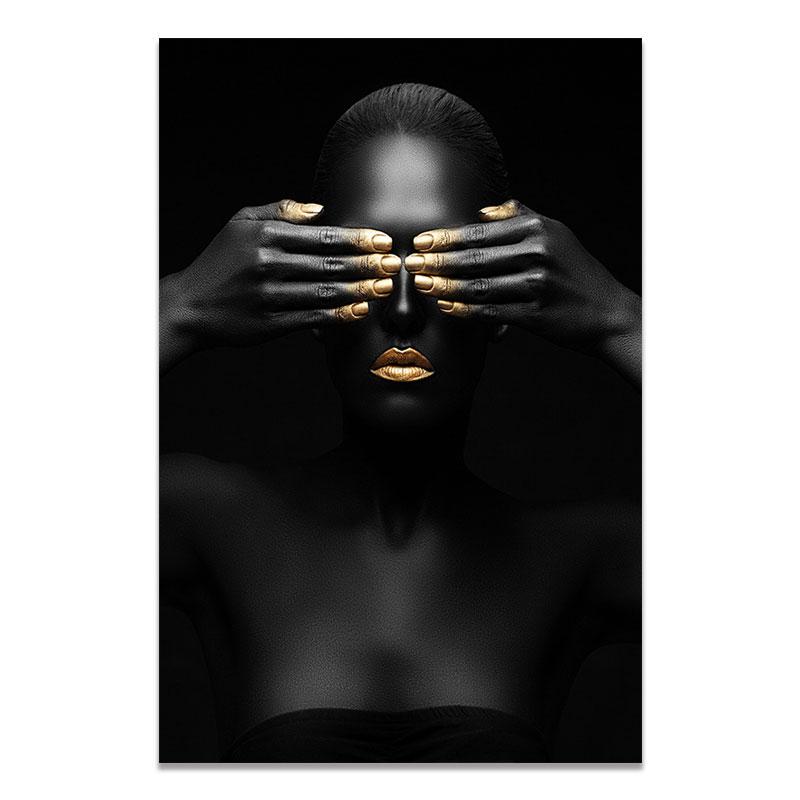 Modelo de maquiagem moderna dourada e preta, mulher africana, pinturas de arte de parede em tela, pôster de menina da moda, impressões para sala de estar, decoração de casa
