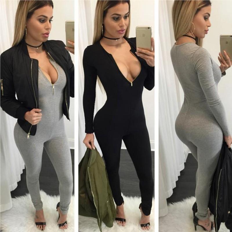 Hochwertiger Damen Reißverschluss Overall Bandage Bodycon Jumpsuit Clubwear Langarm Romper