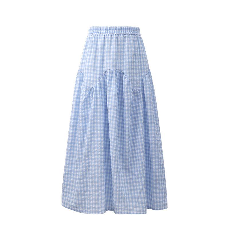Blue Skirt Latest Plaid Skirt Large Size Fat Mm Pear-shaped Body Covering Hips Big A-line Skirt M