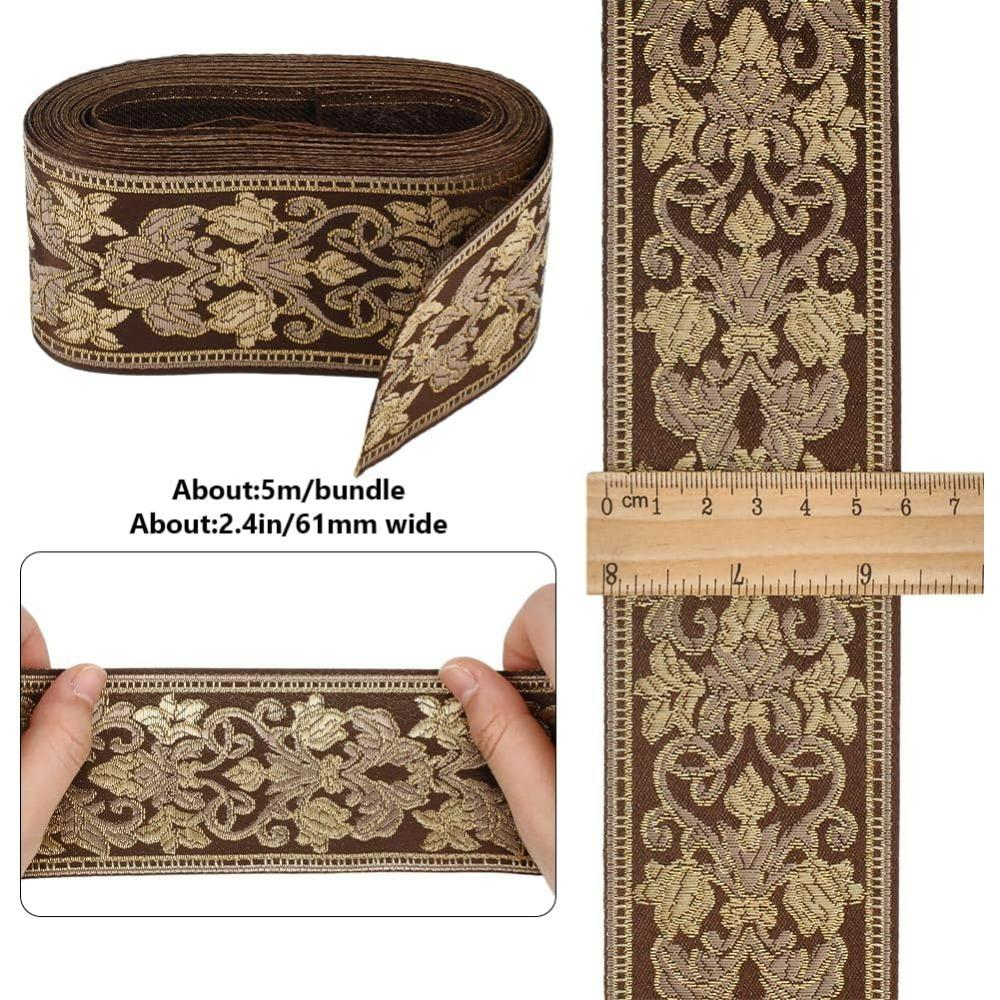 Kávová Boho Žakárová stuha Květinová stuha 5 yardů(5m) Etnická výšivka Polyesterová plochá paspule 61mm Tkaná krajková stuha Pevný popruh