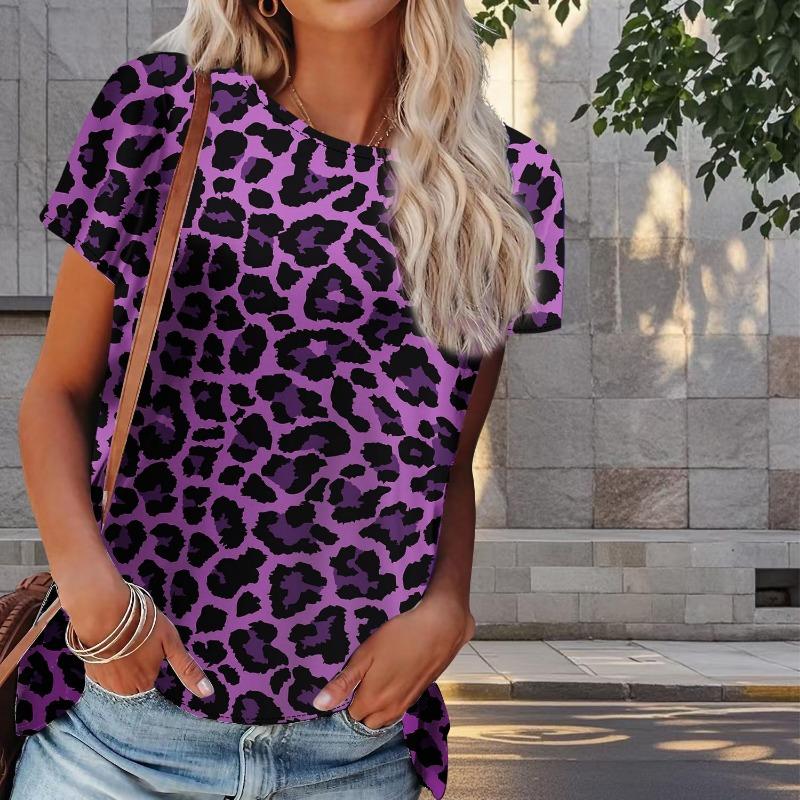 Tricou de damă la modă cu imprimeu retro cu leopard, imprimat 3D, de vară, cu gât rotund și mâneci scurte, topuri largi casual, haine supradimensionate