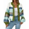 Women's Striped Chunky Needle Button-Down Cardigan Sweater Colorblock Long Sleeve Knitted Jacket