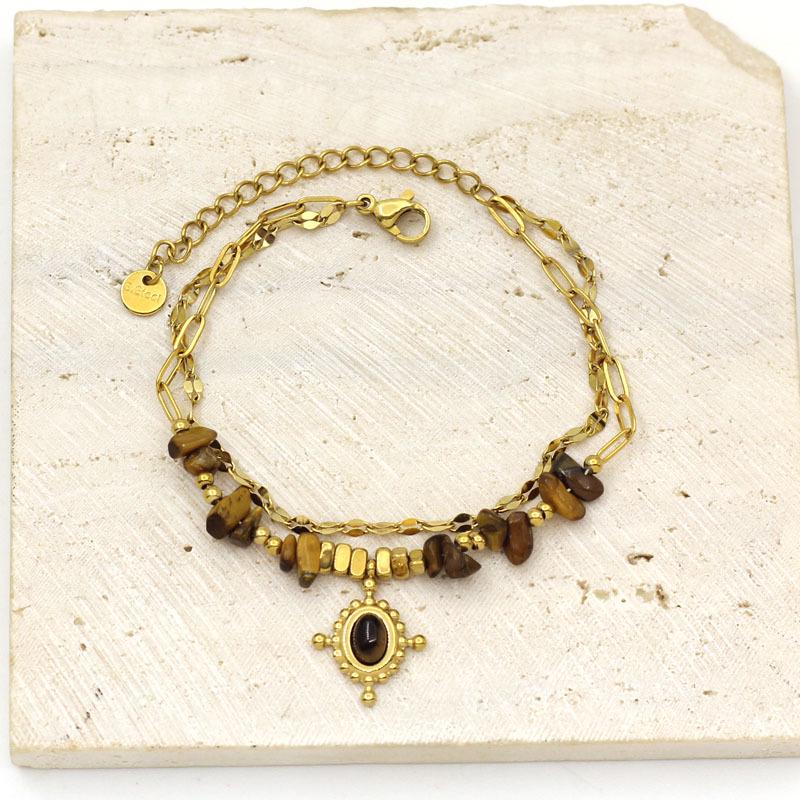Gold Plated Stainless Steel Tiger Eye & Crushed Stone Beaded Bracelet for Women - Retro Luxury Jewelry