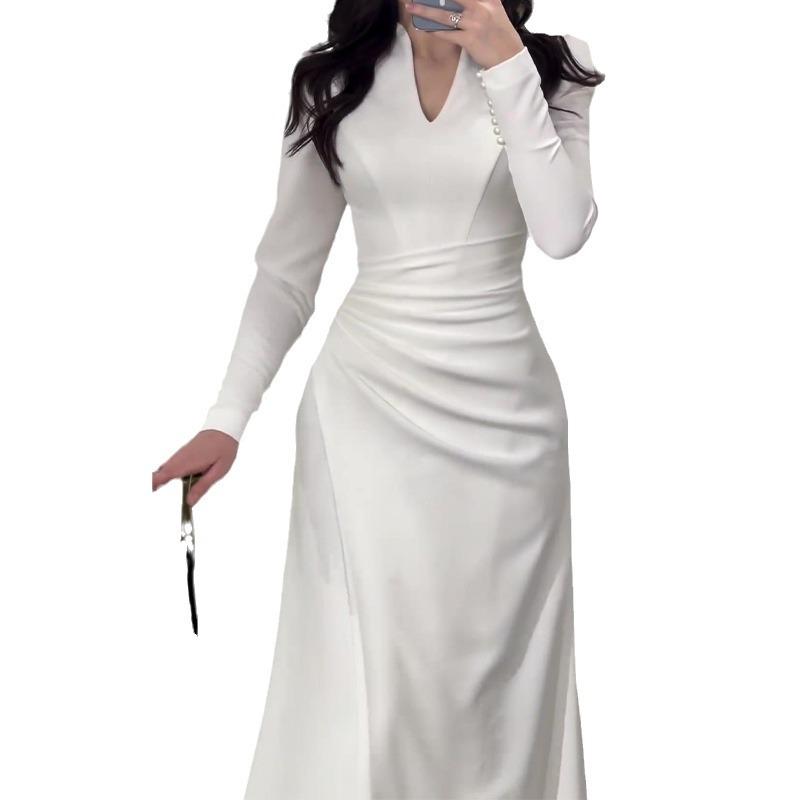 2024 Весна Європейська та Американська Однотонна Приталена Сукня з Рюшами та Довгим Рукавом з Високою Талією