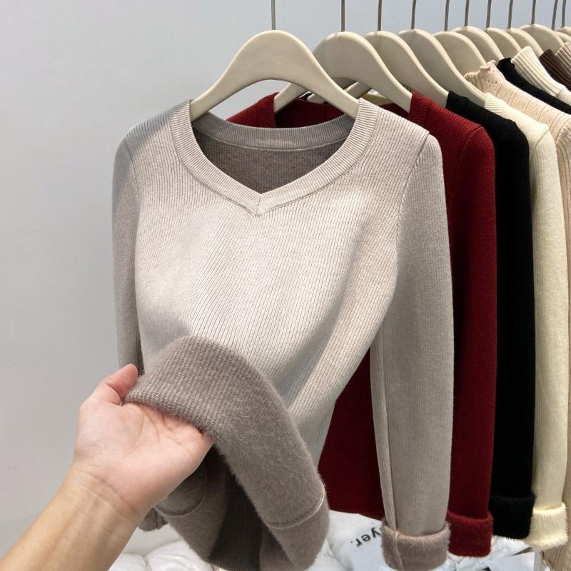 V-neck atmosphere red sweater women's knitted bottoming shirt spring thickened integrated fleece warm inner top