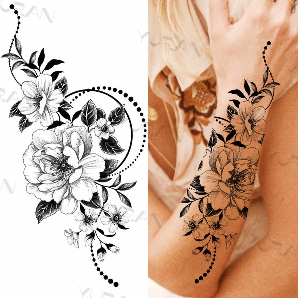 Zwarte Grote Slang Bloem Fake Tattoo Sticker Voor Vrouwen Dot Rose Pioen Tijdelijke Tattoos DIY Water Transfer Tatoos Meisjes