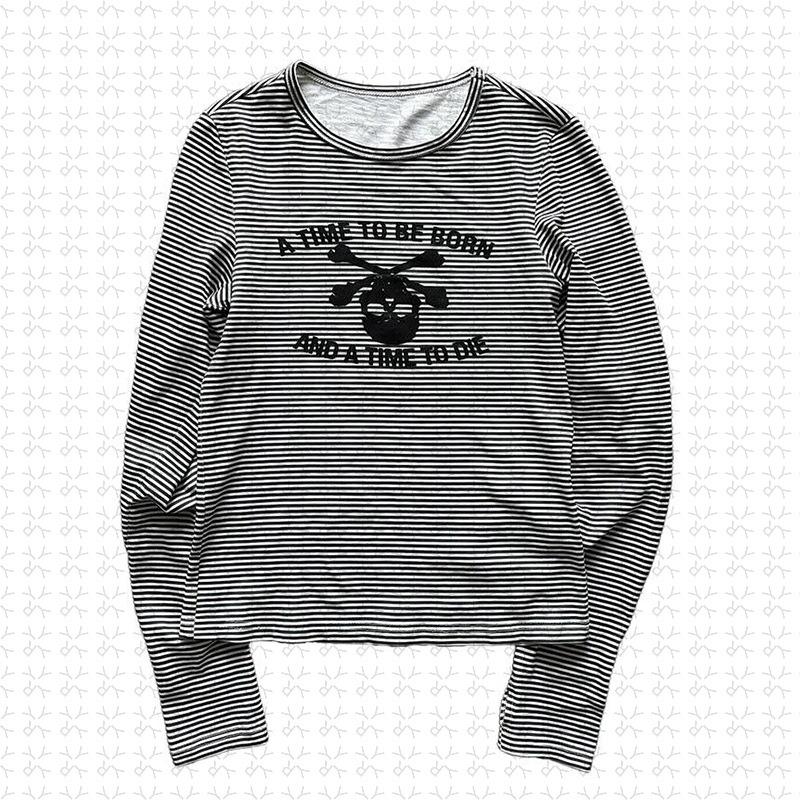 European and American Pullover Round Neck Long Sleeved Striped Printed T-shirt Retro High Street