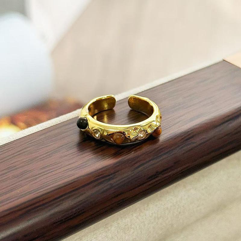 Maillard Imitation Tiger'S Eye Stone Inlaid Zir*****Pen Ring, Female Irregular Temperament Simple Retro Personality Stacked Ring