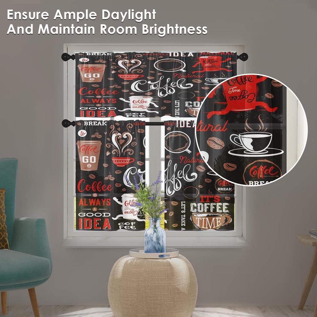 Coffee Kitchen Window Curta Valance and Tier Set 36 Inch, Black Red Cute Rod Pocket Short Tier Curtain, Retro Brown White Doodle Small Cafe Drapes