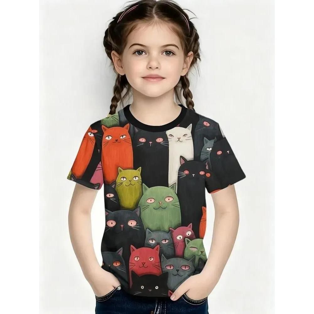 Fashionable Summer Children's Top Creative Colorful Cute Animal 3D Printed T-shirt Girls Comfortable Soft Breathable Short Sleeves T-shirt