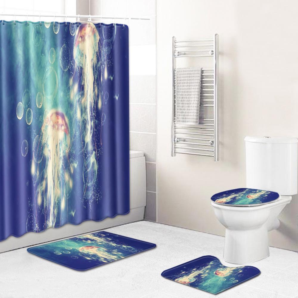 Animal Shower Curtain Floor Mat Combination Four-Piece Set Bathroom Toilet Carpet Shower Room Mat Foot Mat