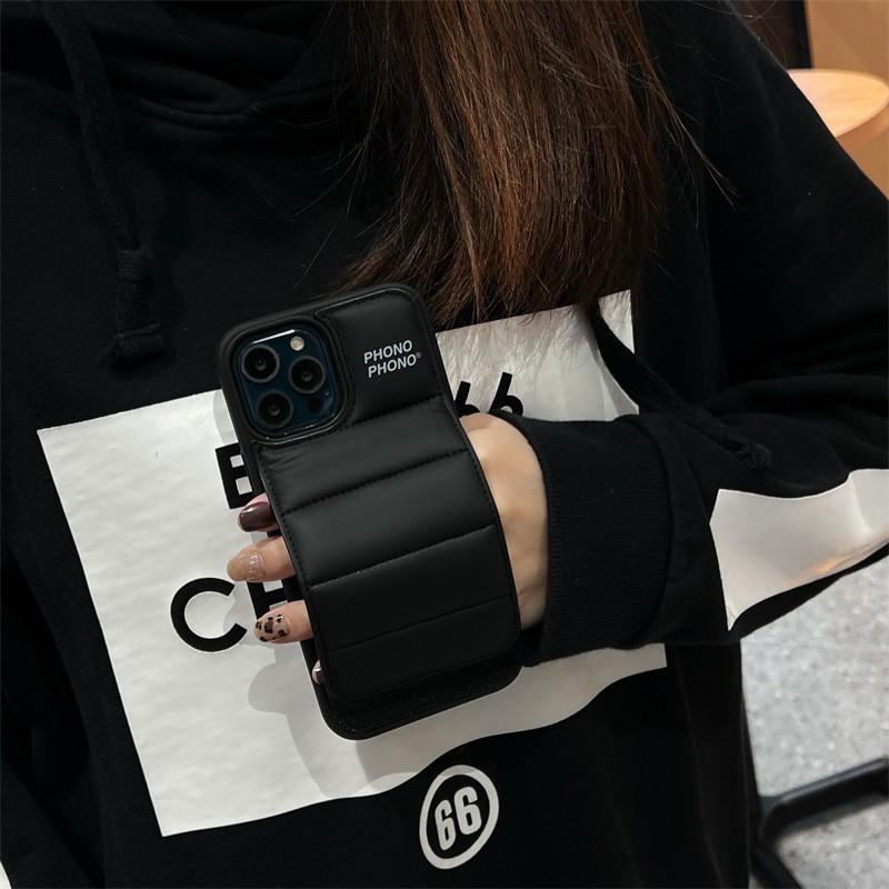 Down Jacket Style Phone Case IPhone 6 To 15 Series PU Leather Protective Cover With Wrist Strap