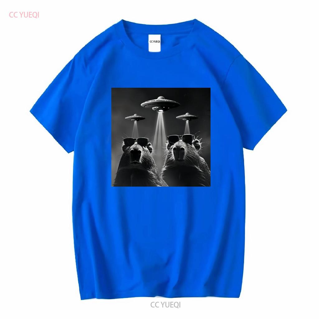 Capybara T Shirt Retro Selfie with UFO Funny Alien Plus Size 5xl 4xl 3xl Long or Short Sleeves Vintage Washed Stylish