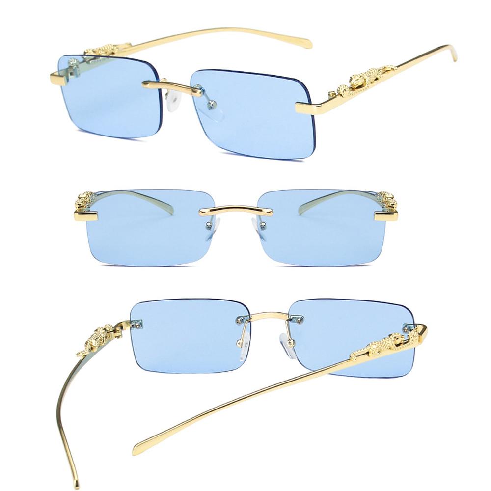 Rimless Rectangle Sunglasses Retro Clear Ocean Lens Sun Glasses Cheetah Decoration Shades UV400 Eyewear for Women Men