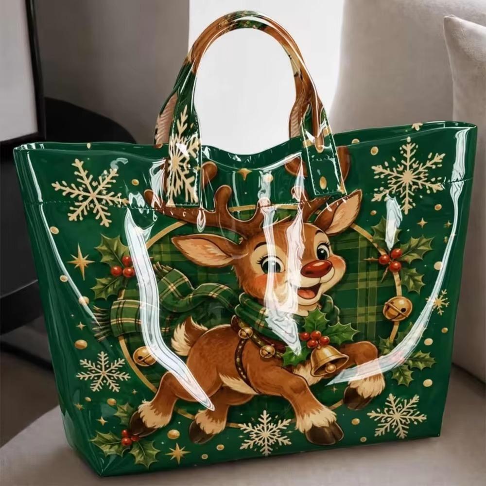 Large Capacity Christmas Print PVC Tote Bag Waterproof Christmas Hand Tote Commute Tote Bag Work